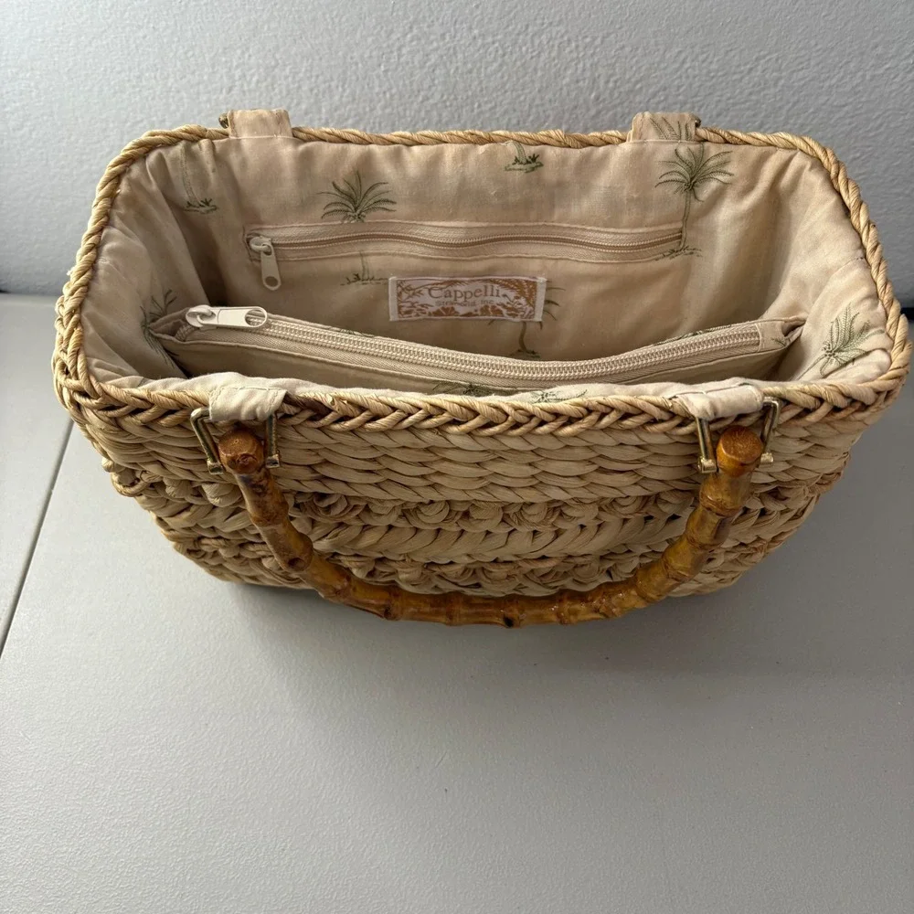 Cappelli Straworld Woven Straw Handbag Bamboo Handle Palm Tree Lining Tan Boho